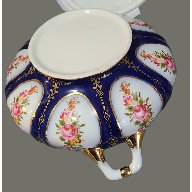 Late 20th Century Vintage Cobalt Blue Fine Porcelain Hand Painted Floral Roses Gilded Covered Dish For Sale - Image 5 of 7