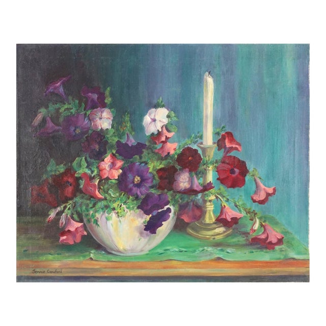 1930s Vibrant Floral Still Life With Petunias and Candle Stick by Jennie Thatcher Crawford For Sale