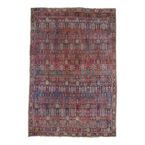 1880s Antique Oversized Bidjar Halvai Red Blue Allover Tree of Life Botanical Hand-Knotted Wool Pile Rug - 10’9” X 17’5”