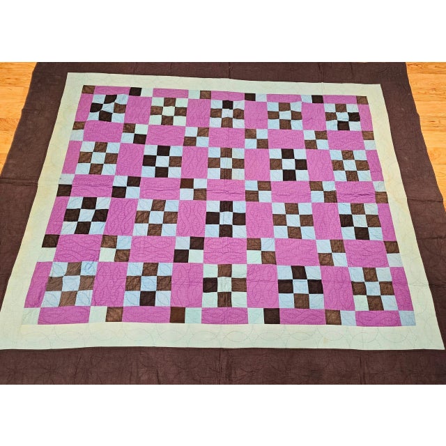 Vintage American Amish “Nine Patch” Hand-Stitched Patchwork Quilt, 67" X 80" For Sale - Image 12 of 12