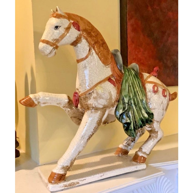 Chinese Large Tany Sancai Style Crackle Glazed WAR HORSE Statue, 16 3/4” Tall x 18” Length