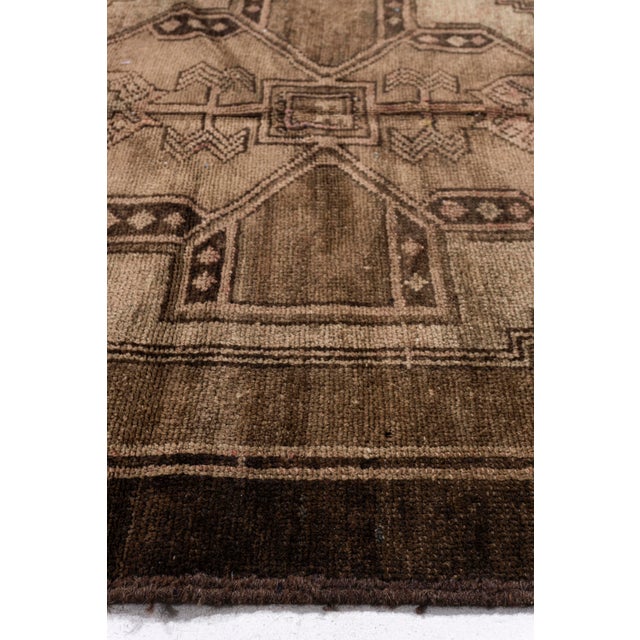 Turkish Vintage Circa 1940 Brown Turkish Oushak Hand Knotted Wool Runner 3ft 11in X 15ft 1in For Sale - Image 3 of 18
