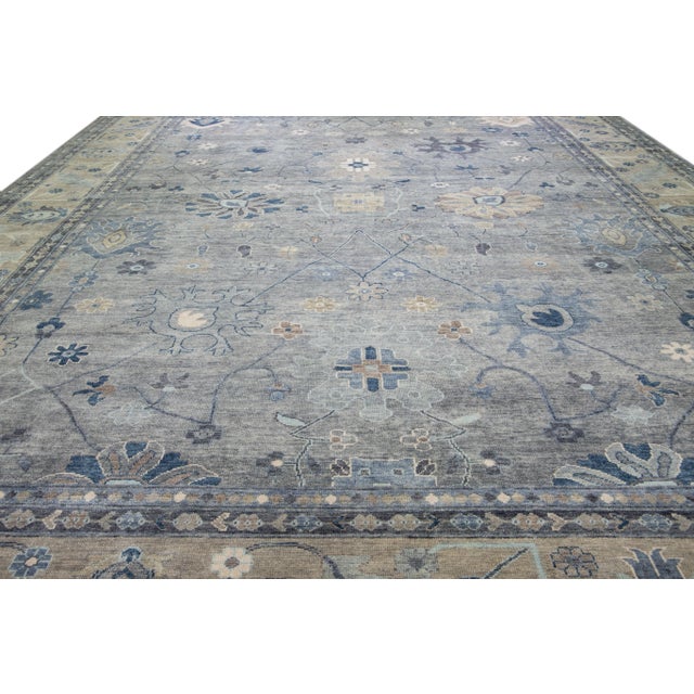 Contemporary Gray Modern Oushak Style Handmade Floral Motif Oversize Wool Rug For Sale - Image 3 of 12
