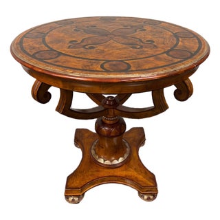 Vintage Burl Wood Inlaid Round Center Table Regency Style For Sale