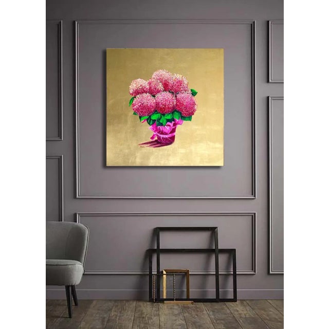 "The Gift" is a stunning, elegant painting depicting a bright pink potted floral in the center, surrounded by a rich...