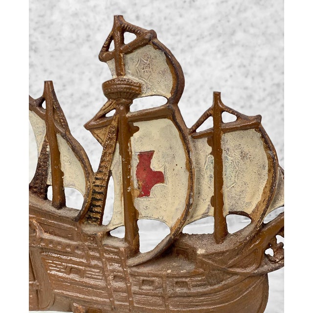 Metal Antique Arts & Crafts Cast Iron Spanish Galleon Ship Doorstop For Sale - Image 7 of 9