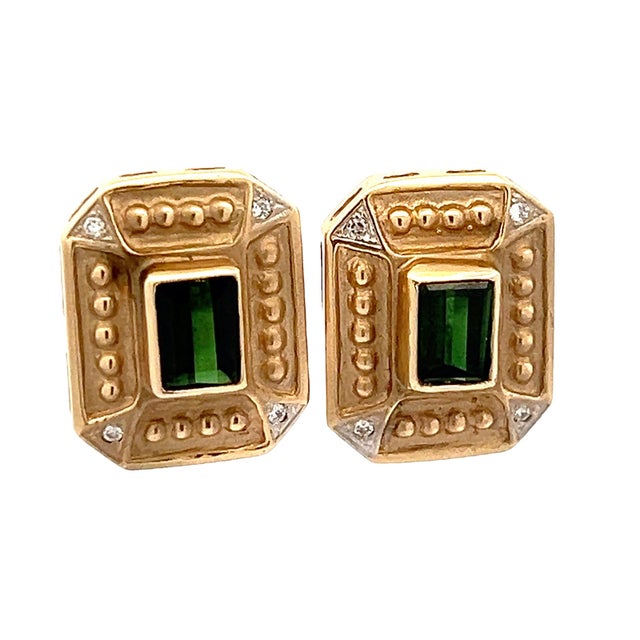 Italian 1980s Italian 14k Gold Green Tourmaline & Diamond Earrings, Pair For Sale - Image 3 of 9