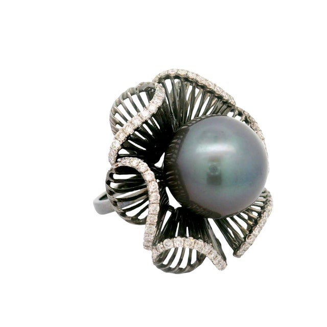 Early 21st Century 15.5mm Tahitian Pearl Diamond 18k Gold Flower Ring, Size 6.5 For Sale - Image 5 of 7