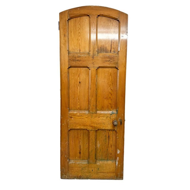Victorian Gothic Revival Arched Pitch Pine 6-Panel Door with Carved Handles, 19th Century For Sale - Image 9 of 9