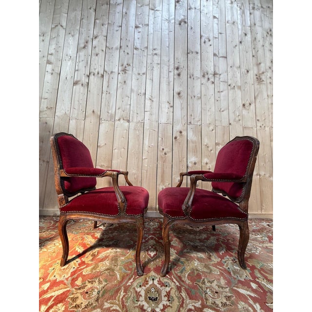 Wood Louis XV Armchairs in Carved Wood and Burgundy Velvet, Set of 2 For Sale - Image 7 of 8