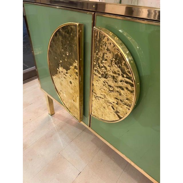 Credenza With Green Glass and Brass Fittings and Handles For Sale - Image 4 of 10