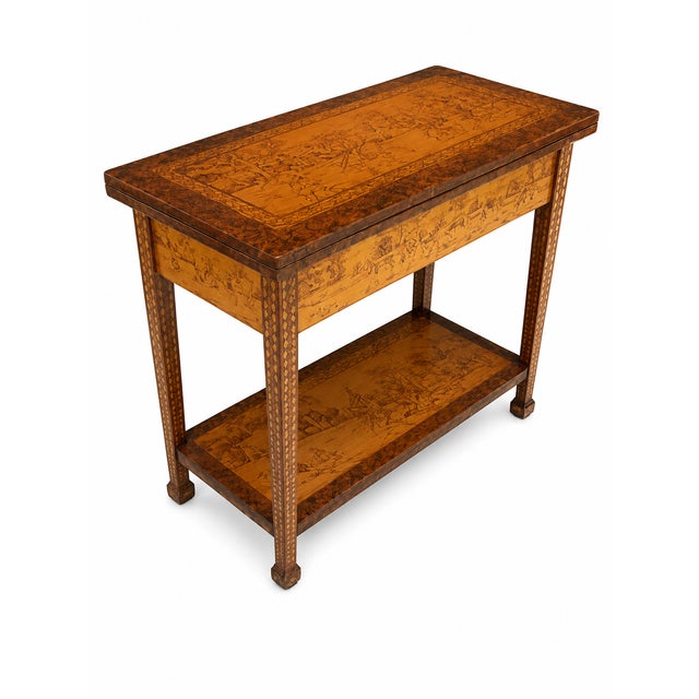 Charming English folding card or game table with highly decorative illustrated equestrian scenes. This distinctive table...
