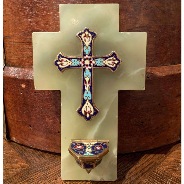 19th Century French Brass & Champleve Cross With Holy Water Font on Green Marble For Sale - Image 4 of 7