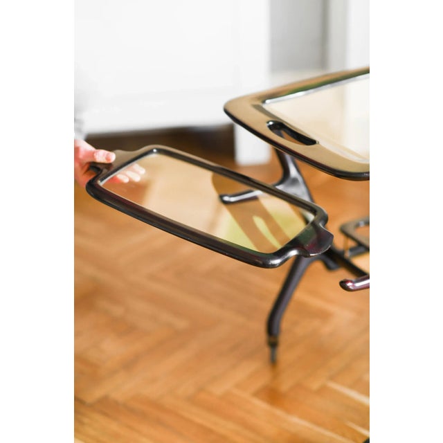 Mid-Century Wooden Structure Brass Service Bar Trolley with Three Removable Trays by Cesare Lacca, 1950s, in Very Good...