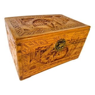 Vintage Chinese Hand Carved Hardwood Jewelry Box Scenic Relief Brass Lock For Sale