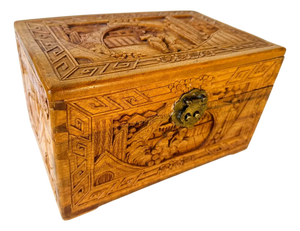 Vintage Chinese Hand Carved Hardwood Jewelry Box Scenic Relief Brass Lock