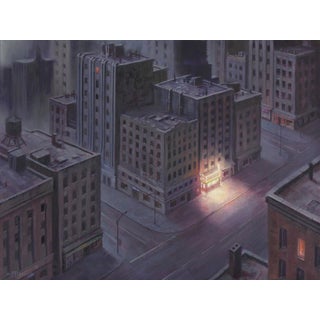 All Nite by Mark Harrison | Oil on fine cotton Nighttime cityscape with illuminated building. For Sale