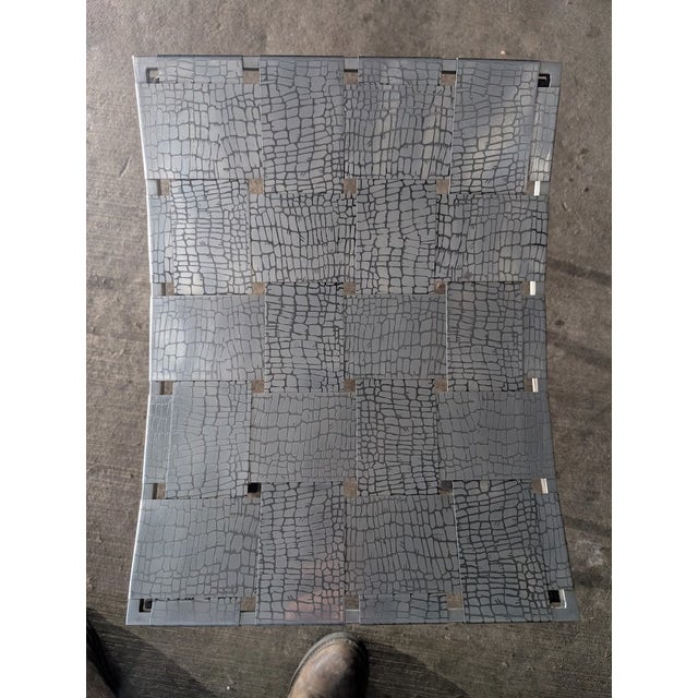 Industrial 1980s Contemporary Industrial Metal X-Base Stool / Ottoman With Crocodile-Textured Metal Seat For Sale - Image 3 of 8