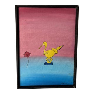 Mid Century Whimsical Painting by Segreto, Surreal Bird or Duck Gradient Ground For Sale