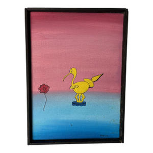 Mid Century Whimsical Painting by Segreto, Surreal Bird or Duck Gradient Ground