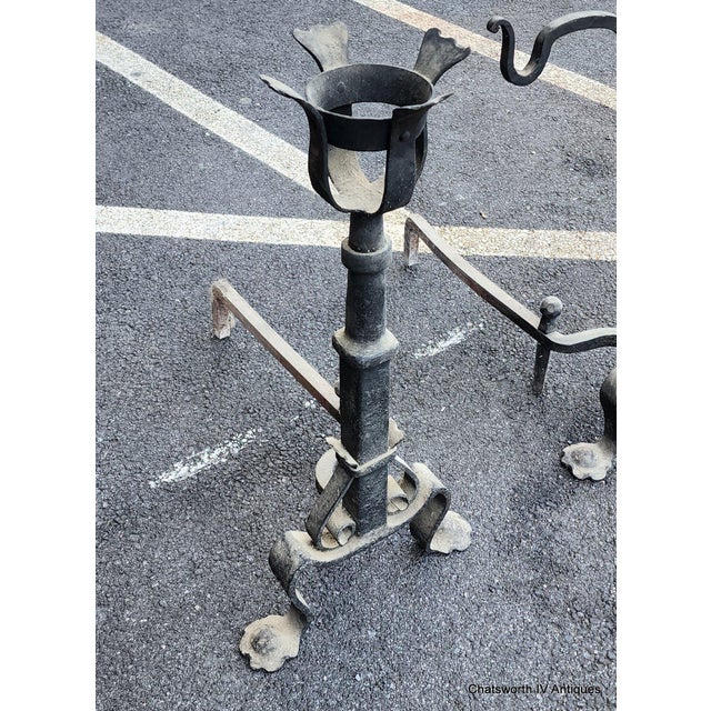 French Pair Early Antique French Wrought Iron Basket Top Andirons / Firedogs With Crane Pot Bar 28" For Sale - Image 3 of 16