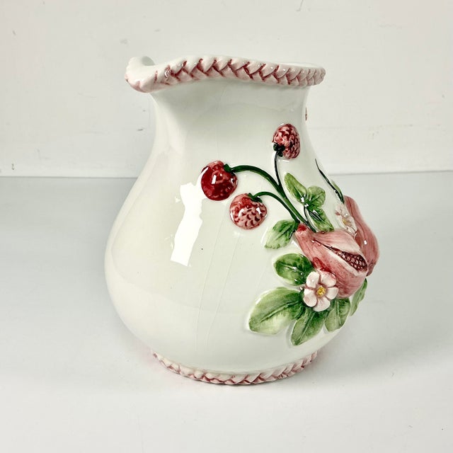 1970s Vintage Boho Chic Coastal English Garden Pomegranate and Raspberry Ceramic Pitcher. For Sale - Image 10 of 13