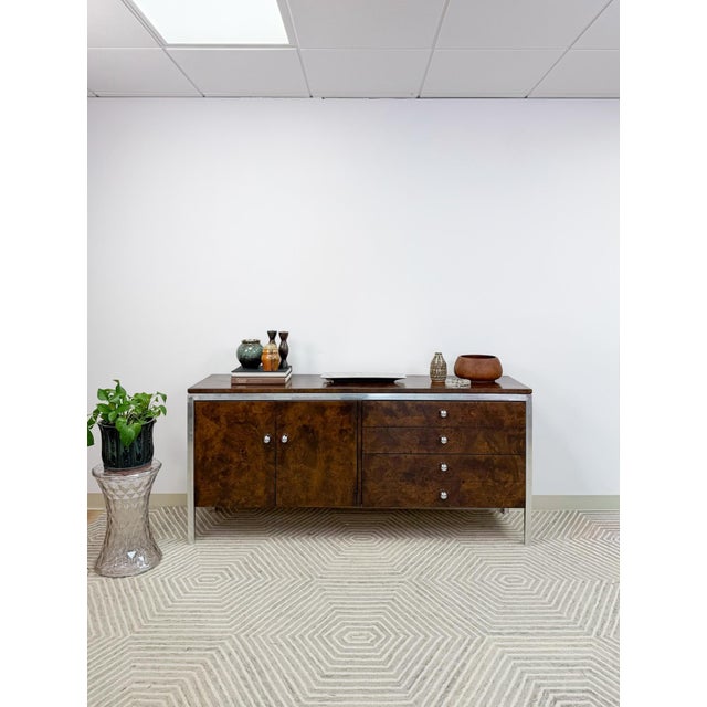 Mid 20th Century Tomlinson Burlwood Credenza Chrome Details Doors Drawers, Buffet, Console For Sale - Image 12 of 18