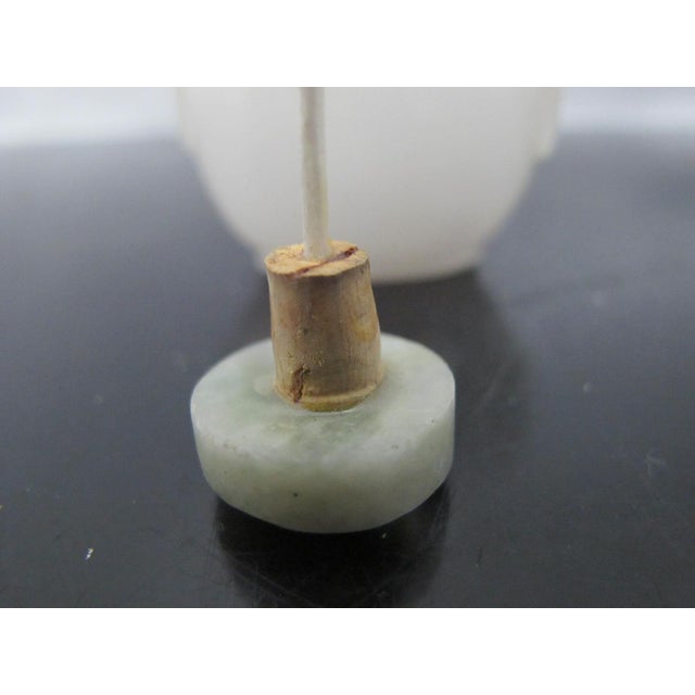 Glass Chinese Carved Masks White Peking Glass Snuff Bottle With Green Top For Sale - Image 7 of 11
