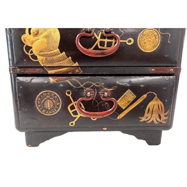Wood Antique 1895 Meiji Period Japanese Miniature Black Lacquer Tansu Chest Jewelry Box For Sale - Image 7 of 11