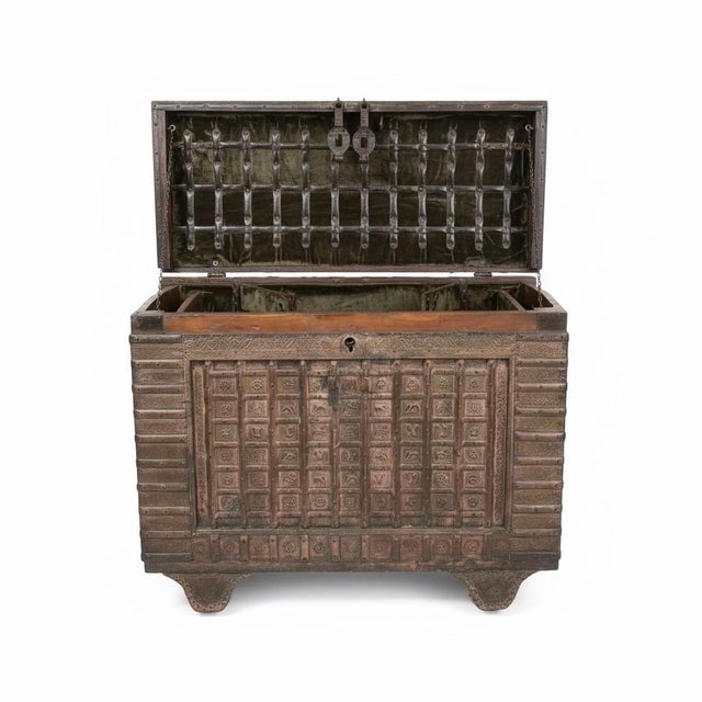 Far Pavilions 1900s Eclectic Style Antique Wooden 55" Wide Indian Dhamchiya Chest For Sale - Image 4 of 12