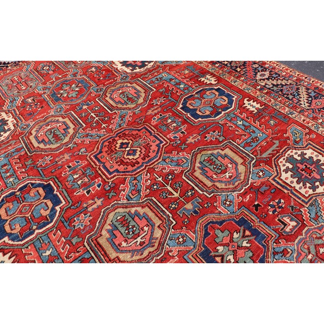 Antique Heriz Rug With Red Field, Geometric Tribal Motifs and Navy Blue Border 9'2 X 11'10 For Sale - Image 11 of 17