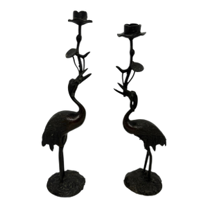 Early 20th Century Japanese Meiji Bronze Candlesticks Antique Metal Crane Birds Lotus Flowers - A Pair