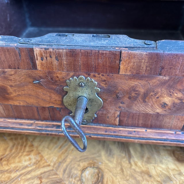 Brown Early 18th Century Italian Burl Walnut Slant Lid Box With Mosaic Panel For Sale - Image 8 of 9