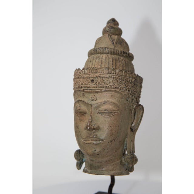 Bronze Cast Bronze Buddha Head Sculpture With Verdigris 19th C. For Sale - Image 8 of 12