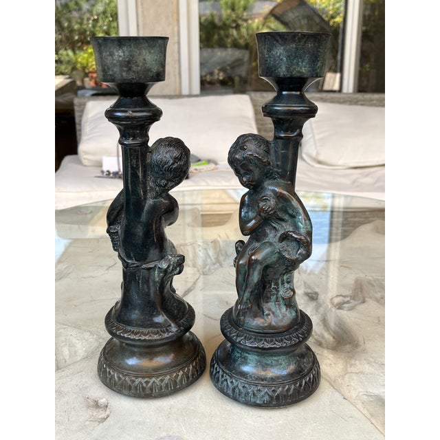Vintage French Style Patinated Brass and Bronze Figural Cherub Putti Candlesticks - A Pair For Sale - Image 9 of 13