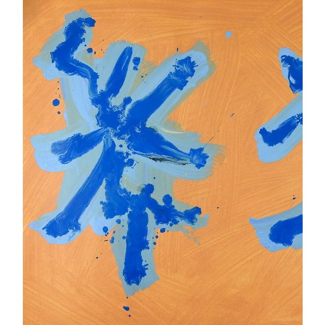 Early 21st century blue characters on peach background abstract expressionist acrylic painting on heavy paper. Unsigned....