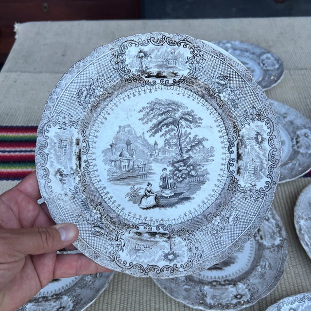 Brown Circa 1850’s Antique Brown Transfer Decorated Plates, “Verona”, by Cork & Edge- Set of 11 For Sale - Image 8 of 12