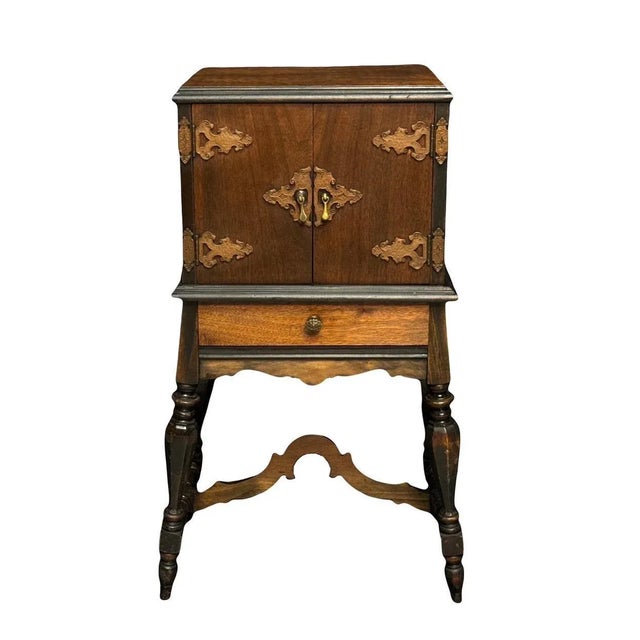 Antique Arts & Crafts / Chinoiserie Burled Walnut Cigar / Smoking Cabinet, Copper Lined Humidor For Sale - Image 12 of 12