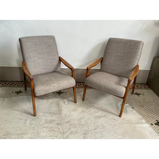 Mid-Century Modern Pair of MCM French Upholstered Wooden Armchairs For Sale - Image 3 of 11