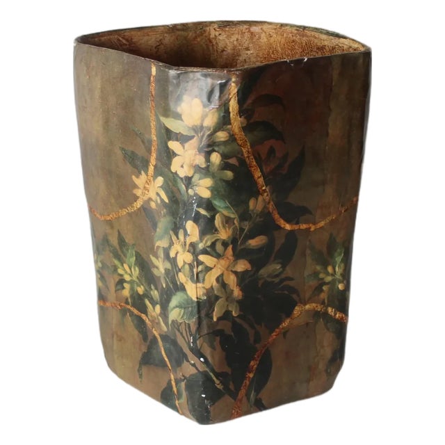 R Pulvermacher Art Nouveau Paper Mache Floral Wrapped Wastebasket Vintage For Sale