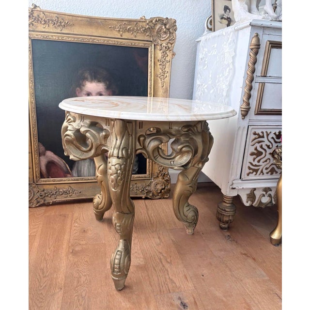 Rococo Pair of Vintage Rococo Revival Gilt Side Tables With Faux Marble Tops For Sale - Image 3 of 8