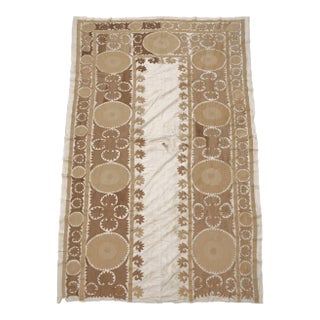 Hand-Embroidered Large Neutral Tan Suzani Coverlet For Sale