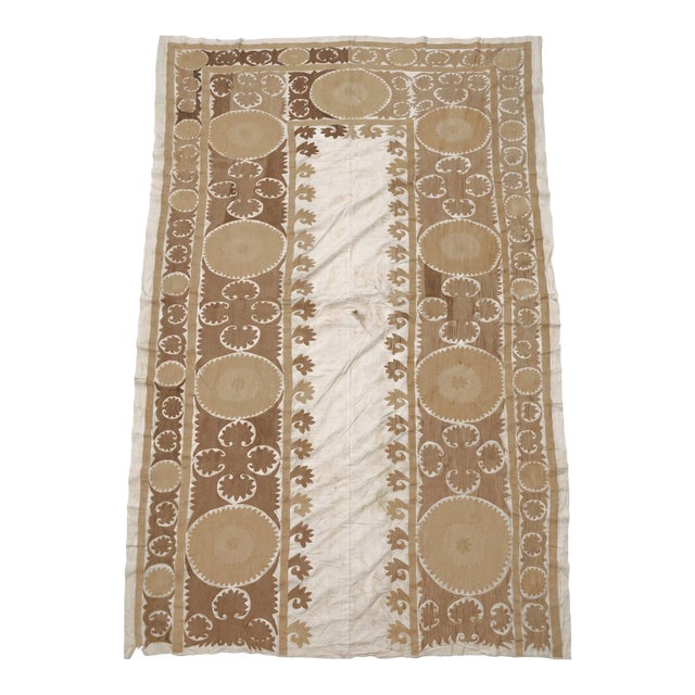 Hand-Embroidered Large Neutral Tan Suzani Coverlet For Sale