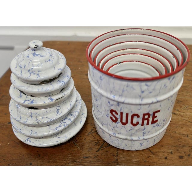 Lovely Set of French Enamel Food Canisters Original French Enamel Canister set is a complete set of six pieces with lids,...