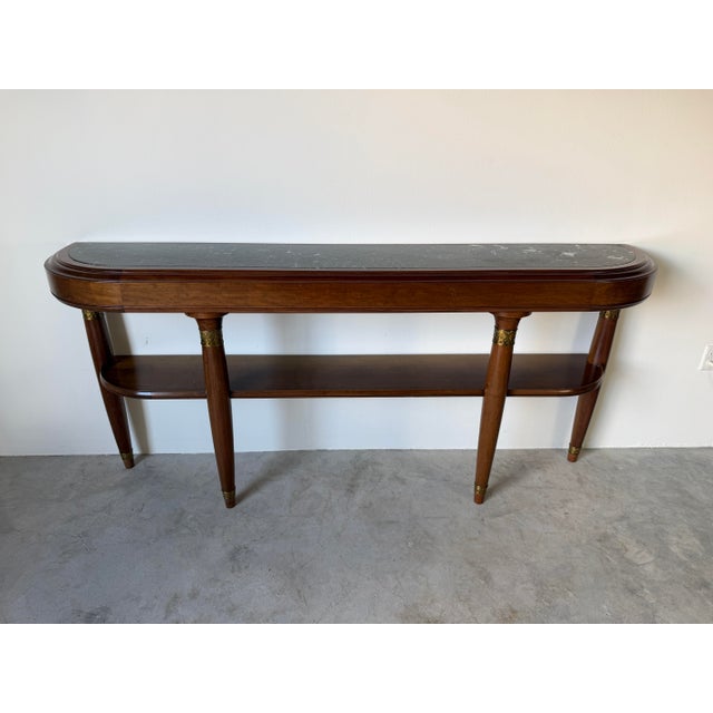 Art Deco Large- French Art Deco Empire Style Mahogany & Green Marble Top Two-Tier Demilune Console Table For Sale - Image 3 of 17