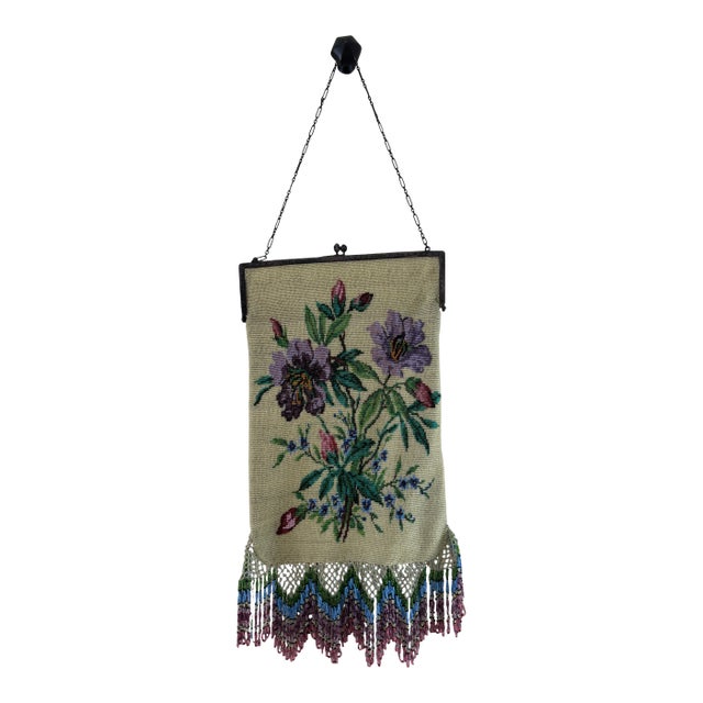 Antique Micro Beaded Handbag Floral on Chain For Sale