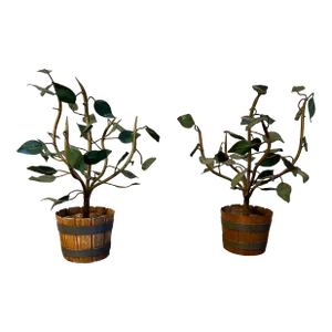 Italian Tole Table Top Orange Trees in Faux Bois Tubs - a Pair