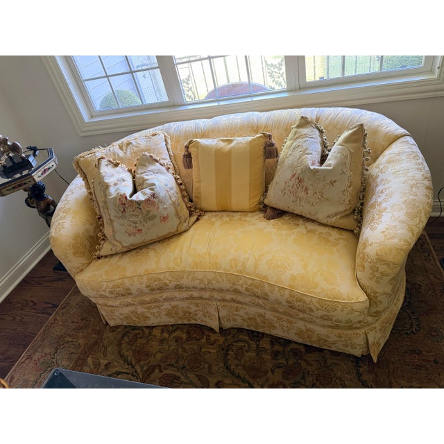 English Vintage Sherrill Yellow Gold Foral Damask Tufted Sofa With Tuxedo Skirt & Throw Pillows For Sale - Image 3 of 11