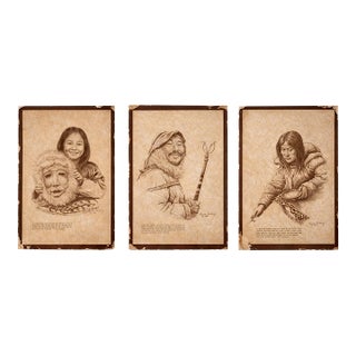 Set of Three Signed 1972 Inuit-Themed Sepia Prints on Aged Paper — Authentic Patina, Designer Wall Art For Sale