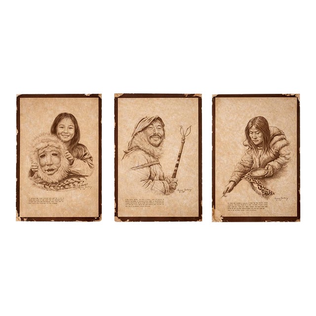 Set of Three Signed 1972 Inuit-Themed Sepia Prints on Aged Paper — Authentic Patina, Designer Wall Art For Sale